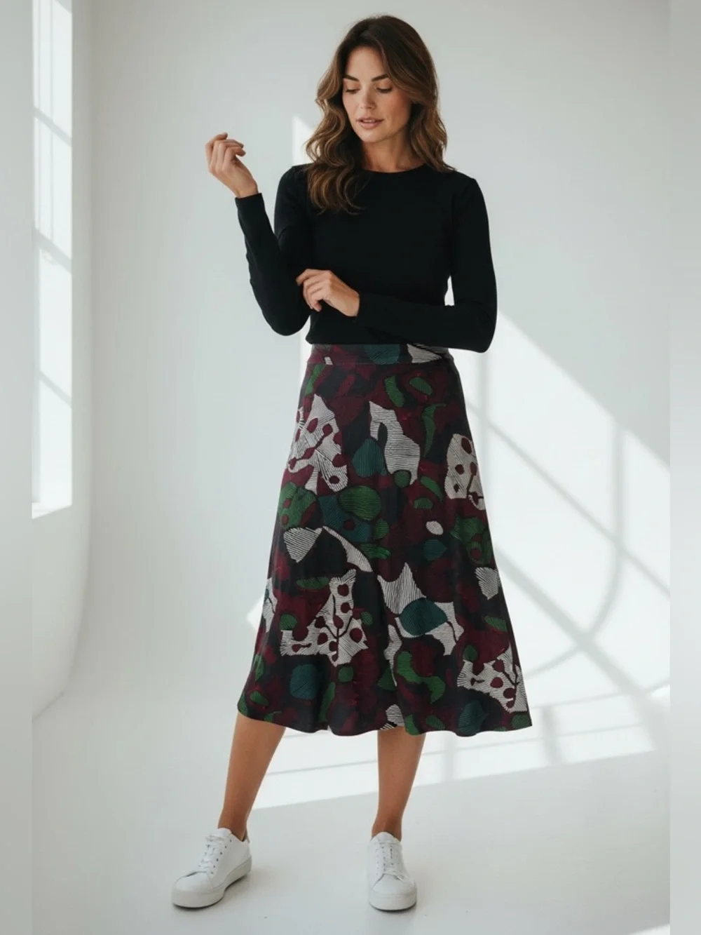 ISLA MAUDE Anthropologie Skirt Flare Midi Knee Length Knit Green Maroon Medium